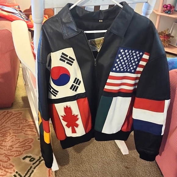 Phase 2 Jackets & Coats Vintage Black World Flag Leather Jacket